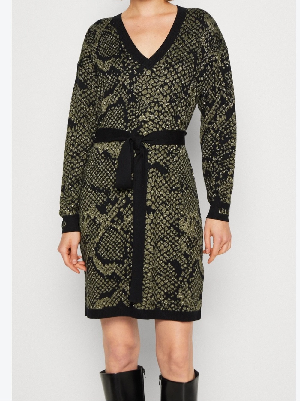 Liu Jo Metallic Olive Green and Black V-Neck Knit Dress with Belt